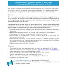Convocatoria para ser Mentee (mujeres en áreas STEM) en el programa de Mentoras y Mentores en la Ciencia